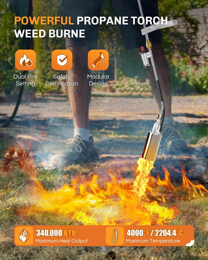 WELLUCK Propane Torch Weed Burner, Weed Torch 340,000 BTU Weeder Torch with QCC 11.5FT Hose, Heavy Duty Blow Torch with Self Igniter for Weeding, Barbecue, Asphalt, Snow Melting - Image 2